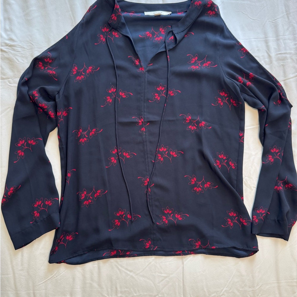 LOFT Navy Cold Shoulder Blouse with Red Floral Design
